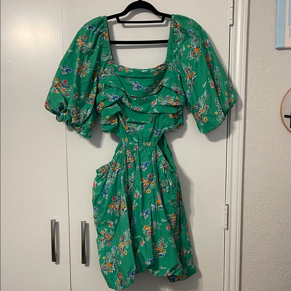 A New Day Emerald Floral Mini Dress with Waist Cutouts